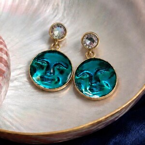Mystical iridescent blue enamel tiny moon face earrings drop Deco style Caron Power Jewellery