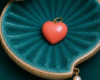 Vintage tiny coral heart charm 14k gold pendant Caron Power Jewellery