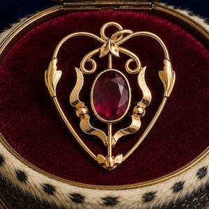 May include: A gold pendant featuring a central oval-cut deep red gemstone set within an openwork heart-shaped frame with decorative scrollwork and leaf accents. The pendant is displayed inside a round, velvet-lined jewellery box with fur trim.