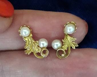 Beautiful Belle Epoque style vintage 9ct gold & natural pearl vine leaf earrings Caron Power Jewellery