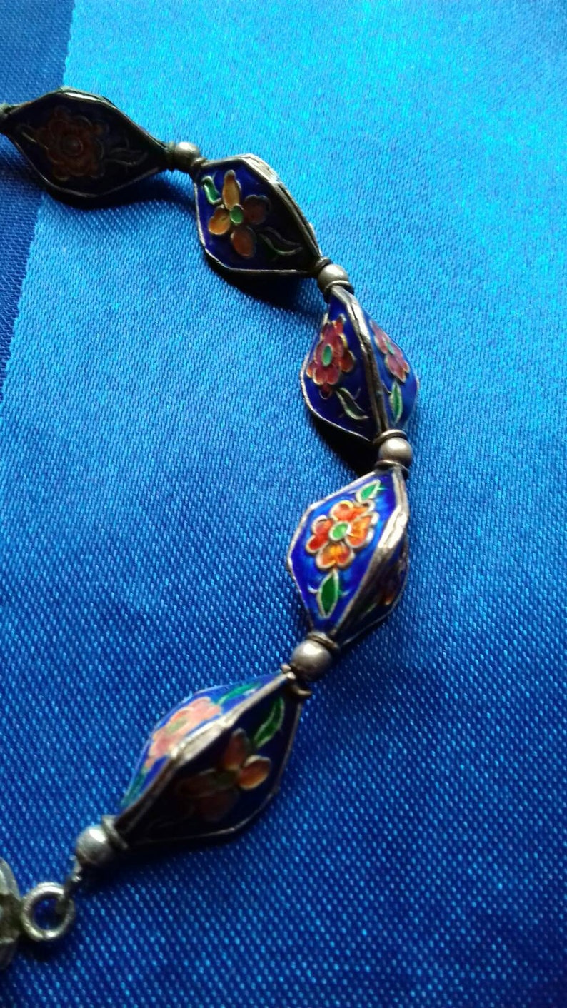 Beautiful vintage blue enamel cloisonne bracelet flower red green silver