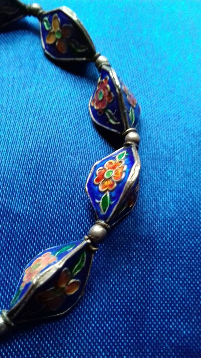 Beautiful vintage blue enamel cloisonne bracelet flower red green silver