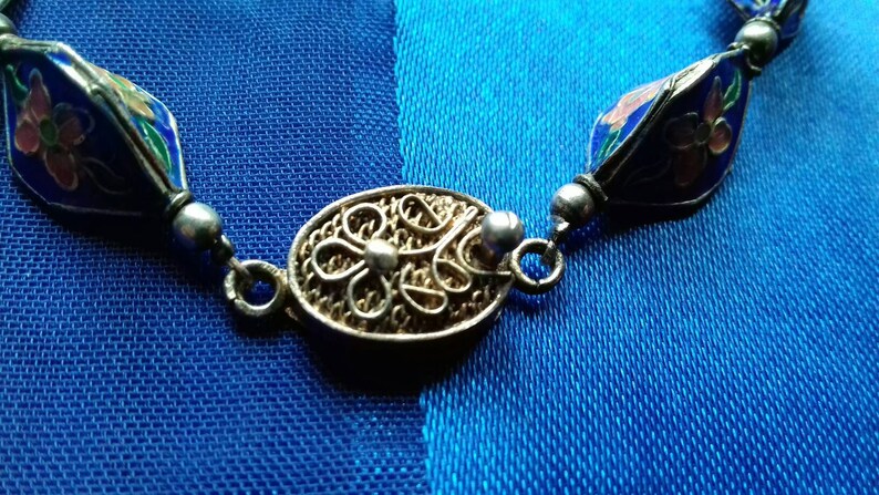Beautiful vintage blue enamel cloisonne bracelet flower red green silver