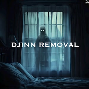 以下が含まれることがあります： 窓に影のような人物が現れ、その上に「DJINN REMOVAL」という文字が重ねられています。