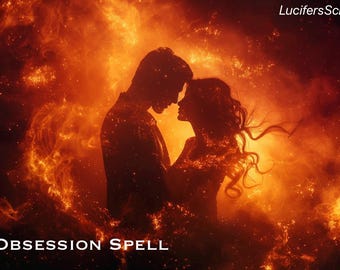 Puede incluir: Silueta de una pareja abrazándose sobre un fondo naranja y rojo ardiente con el texto "Obsession Spell" en la parte inferior.