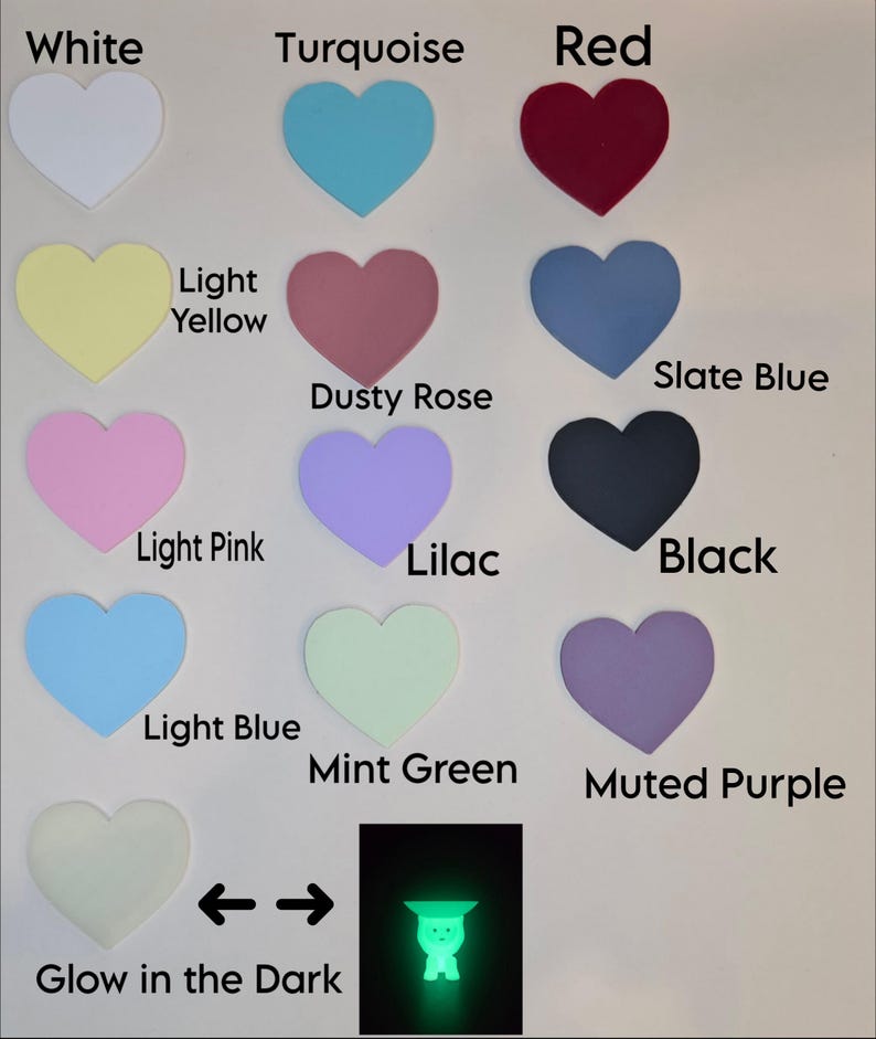 May include: A collection of heart-shaped cutouts in various colors, including white, turquoise, red, light yellow, dusty rose, slate blue, light pink, lilac, black, light blue, mint green, and muted purple. The text labels each color. A glow-in-the-dark heart is also shown.