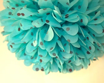 Aqua / Brown Polka Dot Tissue Pom Pom .. Wedding / Birthday / Baby Shower / Baptism / Party Decoration / DIY