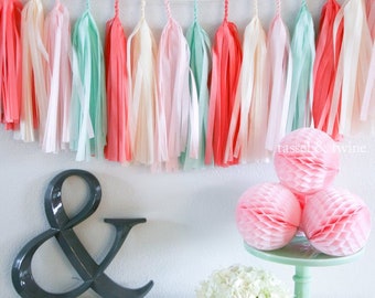 Mint, Light Pink, Coral and Vanilla tissue tassel garland