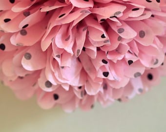 Pink / Black Polka Dot Tissue Pom Pom .. Wedding / Birthday / Baby Shower / Baptism /  Party Decoration / DIY