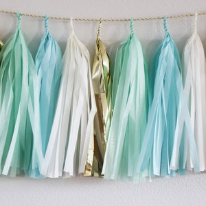 Mint, Aqua & Gold tassel garland // wedding and party decoration image 1