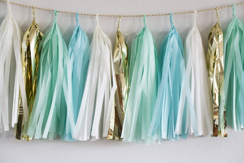 Mint, Aqua & Gold tassel garland // wedding and party decoration image 1