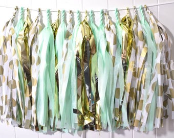 Mint, Gold polk a dot & Gold tassel garland // wedding//party decoration//backdrop