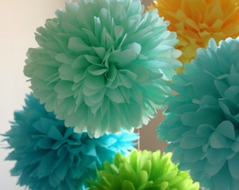 Summer Breeze .. 5 Tissue Party Poms ..  Wedding Reception Decor .. Bridal Shower .. Baby Shower Decor