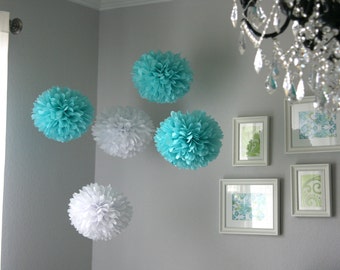 Aqua & White tissue poms