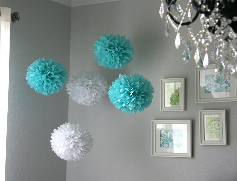 Aqua & White tissue poms image 1