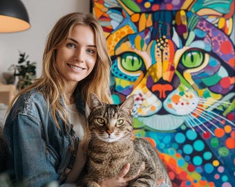 Pop-art huisdierportret van foto, kleurrijk modern honden- of kattenkunstwerk, gepersonaliseerd huisdiercadeau, digitale download, kleurrijk modern huisdierkunstwerk