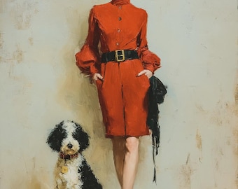Op maat gemaakt modeportret van jou en je huisdier | Stijl olieverfschilderij redactioneel | Moderne kunstillustratie | Digitale download
