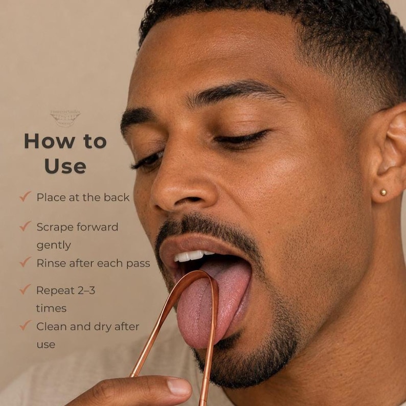 Step-by-step guide showing how to use a copper tongue scraper for a cleaner tongue and fresher breath.