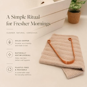 Minimal wellness-inspired benefits graphic featuring a copper tongue scraper with text highlighting solid copper, naturally antimicrobial, and plastic-free reusable design.