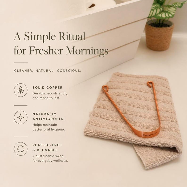 Minimal wellness-inspired benefits graphic featuring a copper tongue scraper with text highlighting solid copper, naturally antimicrobial, and plastic-free reusable design.