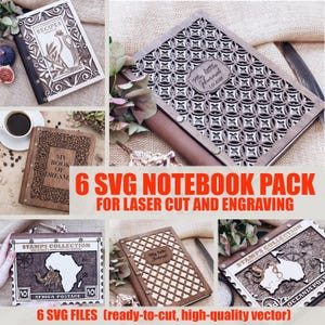 May include: A collection of six laser-cut wooden notebooks with intricate designs. The notebooks feature various themes, including recipes, journals, and stamp collections. The image includes text that reads "6 SVG NOTEBOOK PACK FOR LASER CUT AND ENGRAVING."