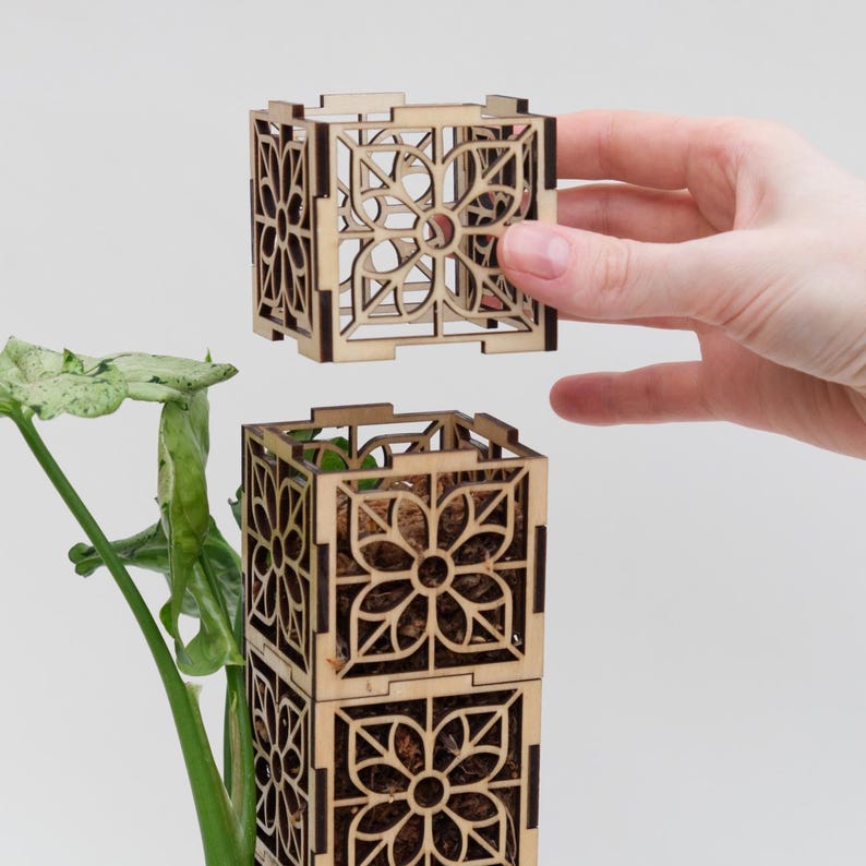 May include: Wooden plant pot with a decorative floral design. The pot is made of light brown wood and has an open, cage-like structure. The pot is shown stacked with another pot, and a hand is holding a third pot. The pots are filled with soil and a small plant.