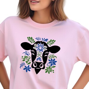 Folk Art Cow T-shirt, Farmer Gift, Cottagecore Aesthetic Clothing, Boho Floral Cow Shirt, Farmhouse Cow Tee, Cow Lover Gift