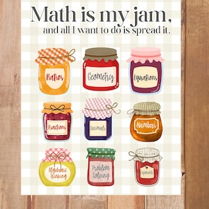 May include: A poster with a white and light beige checkered background featuring the text Math is my jam, and all I want to do is spread it. Below the text are nine illustrated jars of jam labeled Ratios, Geometry, Equations, Fractions, Decimals, Numbers, Algebraic Thinking, Problem Solving, and Exponents.