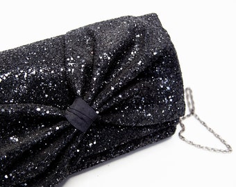Black Glitter Crawford Padded Flap Bag Hand Made by Alexandra King