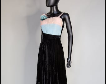 Original Vintage 1940s black pastel silk velvet evening dress - pleated pink blue bodice - free shipping