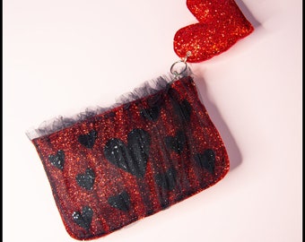 Red and Black Heart Novelty Glitter Clutch Bag Pouch by Alexandra King OOAK