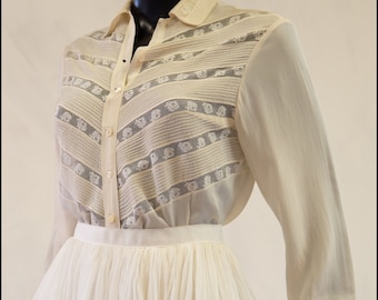 Original True Vintage 1930s Cream Silk Lace Pin Tuck Blouse Top - Size Small - Free Shipping Worldwide