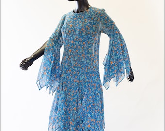 Original True Vintage 1970s Blue Floral Cotton Voile Floaty Maxi Dress - Size Small - Free Shipping Worldwide