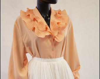 Vintage 1980s Peach Pleated Ruffle Blouse Top - Size Small Medium - Free Shipping Worldwide