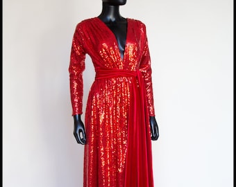 Vampess - Old Hollywood Red sequin kaftan maxi dress gown with velvet belt by Alexandra King - Size Small Medium - Free Shipping Worldwide