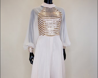 Robe de robe maxi originale en mousseline d’huître vintage des années 1970 avec corsage à paillettes en or rose - Taille petite taille 26 » - Livraison gratuite dans le monde entier