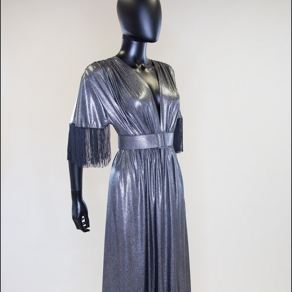 Silver Metallic Lame Fringed Maxi Dress by Alexandra King - One Size - Free Shipping Worldwide
