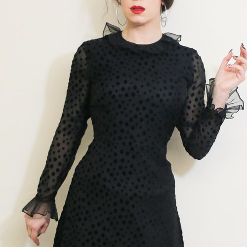 Vintage 1960s Black Devore Dot Ruffle shops Mini Dress With Sleeves - Size Small - Free shipping Worldwide
