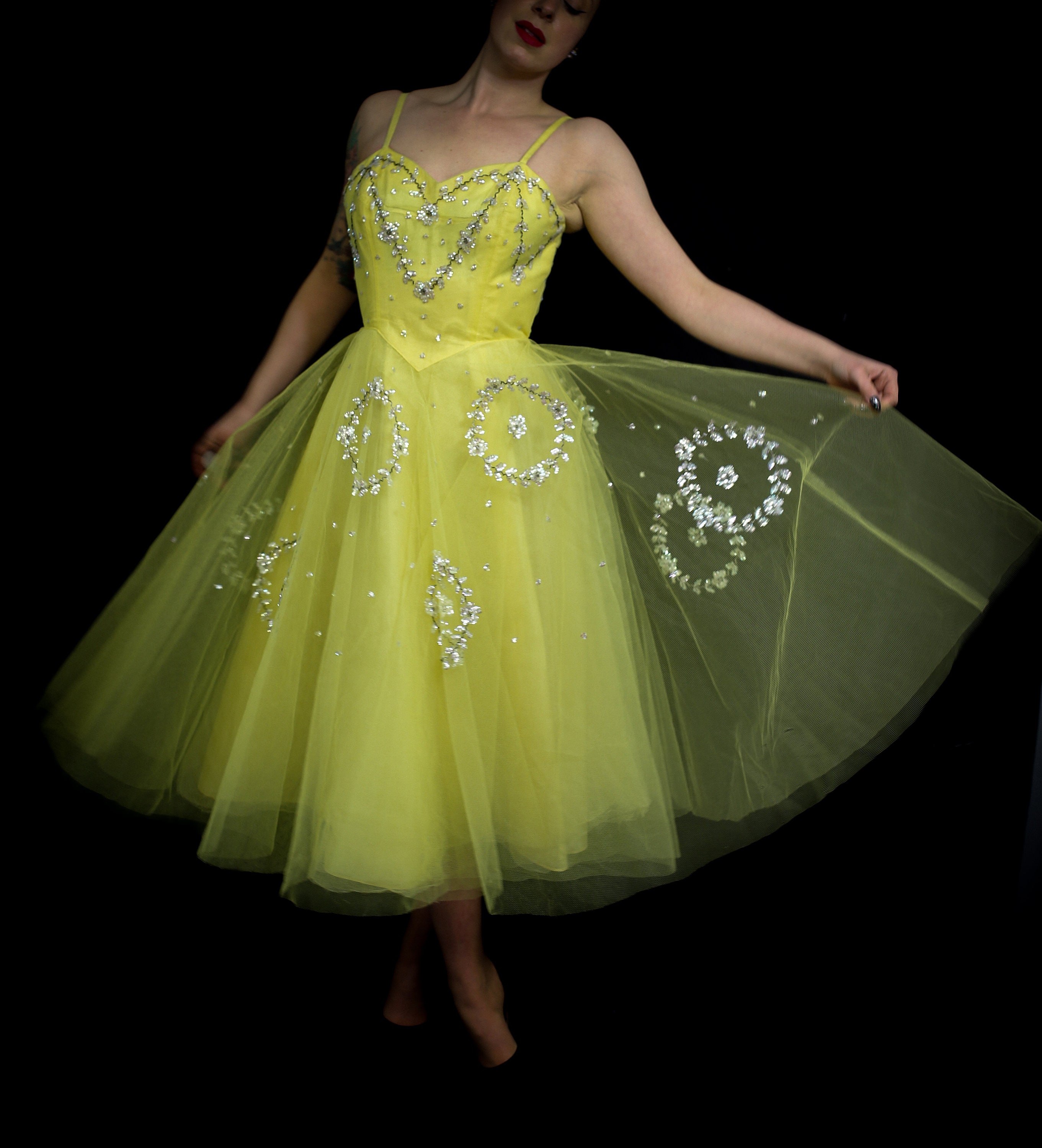 Image of Original Vintage S Sherbet Lemon Tulle Sequin Prom Dress - Waist "