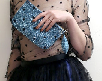 Purse - Blue Star Glitter Tulle Pouch Purse Clutch Bag OOAK Alexandra King