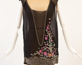 Vintage 1920s Black Beaded Blossom Tunic Top Antique