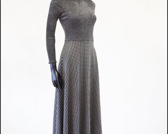 True Vintage 1970s Black Silver Lurex Check Maxi Dress - Size Small - Free Shipping Worldwide