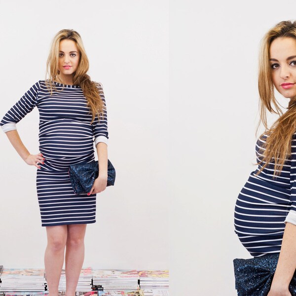 Navy Stripe Maternity Dress - Stretch Long Sleeve - Made To Order
