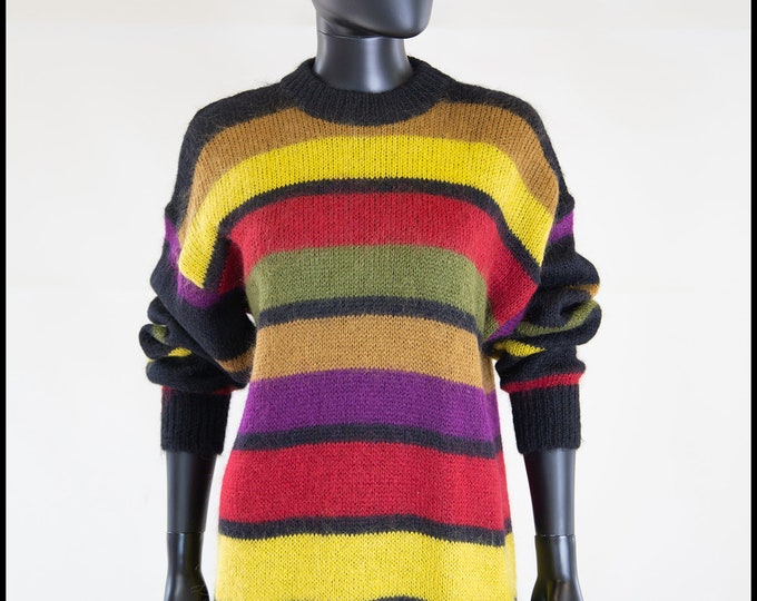 Vintage Rainbow Striped Print Scoop Neck Spaghetti Strap Maxi Slip Sweater Dress