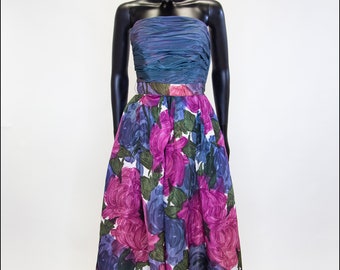 Original true vintage 1950s floral taffeta strapless ballgown dress in blue and pinks - Size Medium - Free Shipping Worldwide