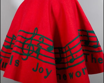 Original true vintage 1950s red wool felt circle skirt Holiday song theme - Size Small - Free Shipping Worldwide