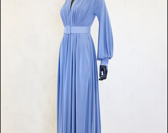 Dusky Blue Jersey Vamp Maxi Dress with bishop sleeves by Alexandra King - One of a Kind - Size S/M - Free Shipping Worldwide
