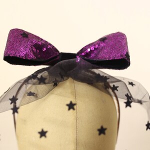 Disco Star Veil - Pink and Black Sequin Tulle Star Bow Veil Fascinator Head Piece - Alexandra King - OOAK