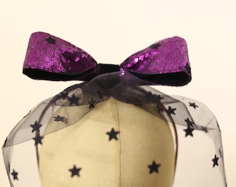 Disco Star Veil - Pink and Black Sequin Tulle Star Bow Veil Fascinator Head Piece - Alexandra King - OOAK