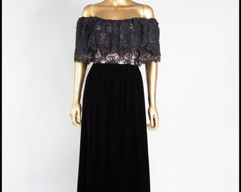 Original Vintage 1970s Black Velvet Lace Maxi Dress Gown - Size Small - Free Shipping Worldwide